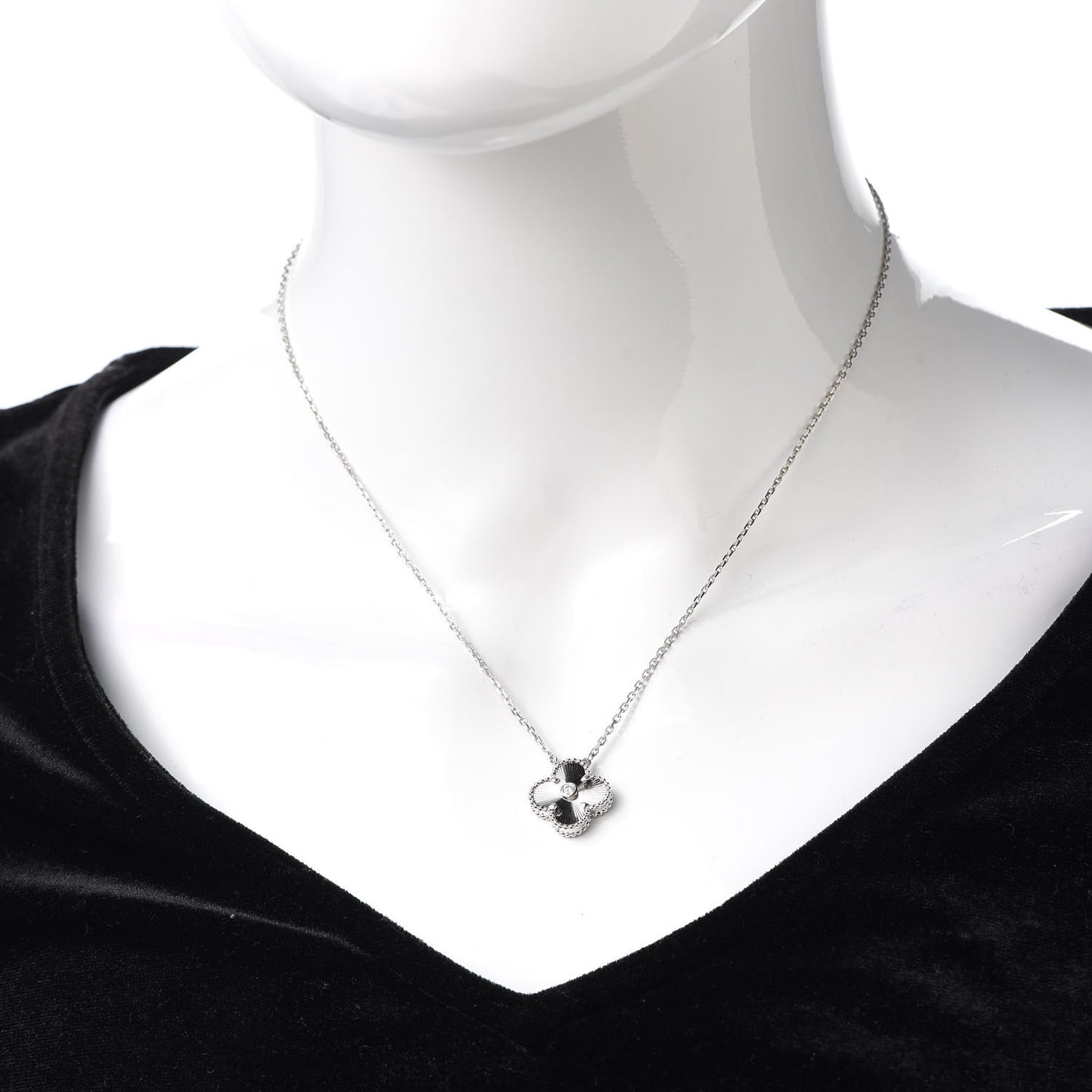 18K White Gold Diamond Guilloche Vintage Alhambra Pendant Necklace