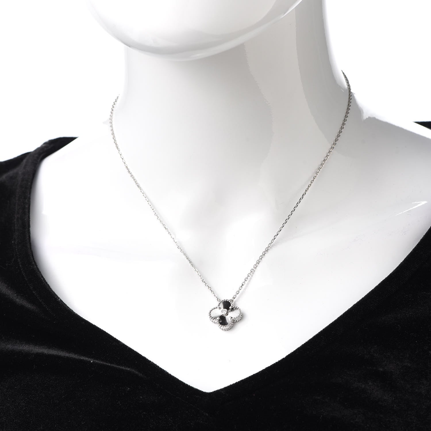 Van Cleef & Arpels 18K White Gold Diamond Guilloche Vintage Alhambra Pendant Necklace 2 of 8