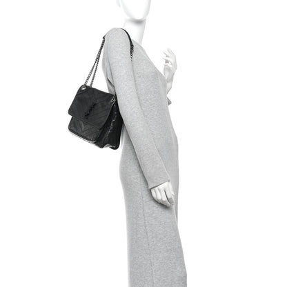 Saint Laurent Crinkled Calfskin Matelasse Monogram Medium Niki Chain Satchel Black Black 2 of 12
