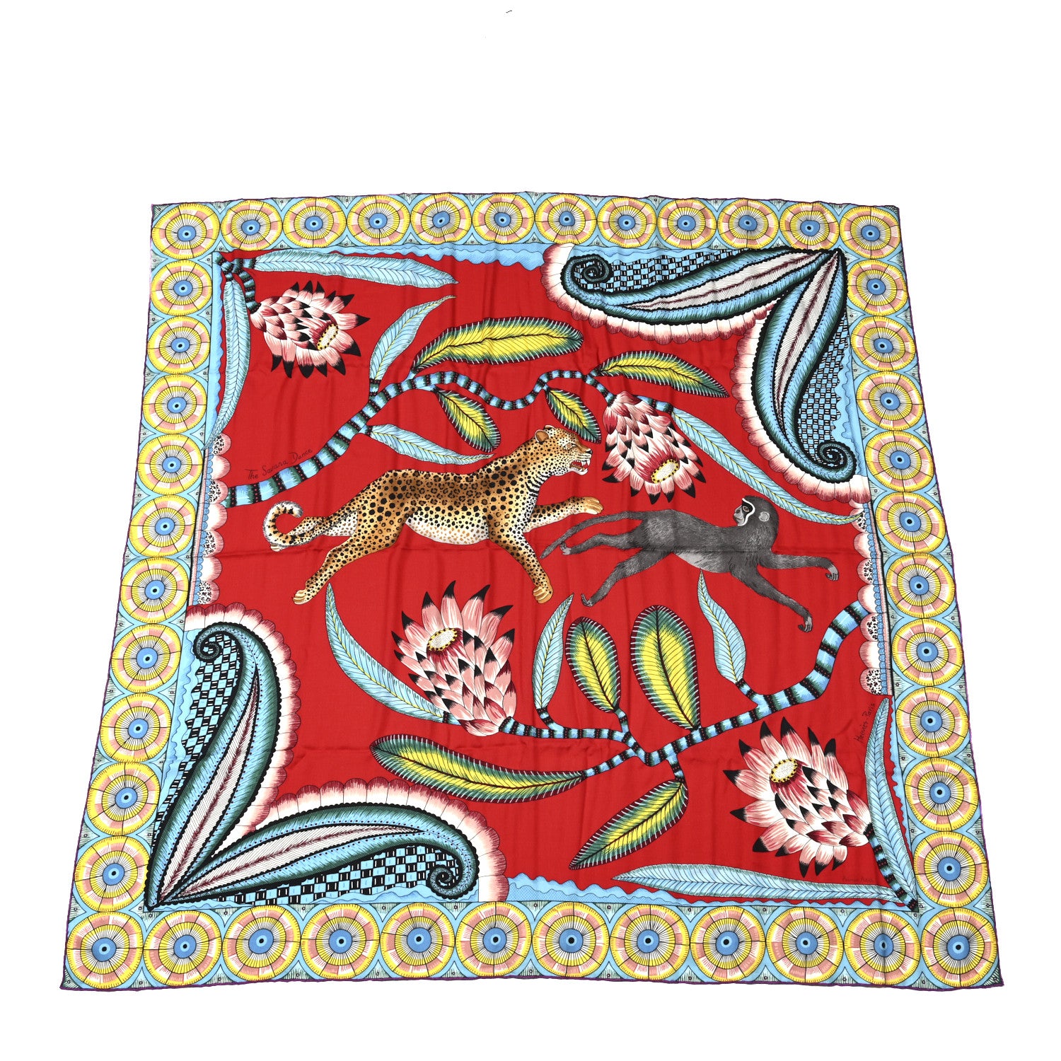 Hermes Cashmere Silk The Savana Dance Shawl 140 Rouge Turquoise Jaune 1 of 6