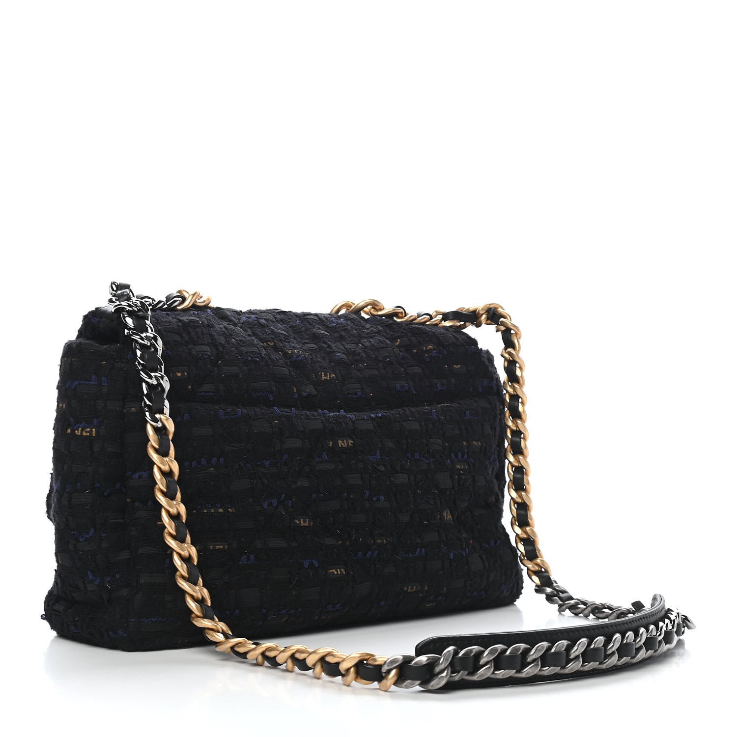 Chanel Tweed Quilted Large Chanel 19 Flap Black Navy Gold 3 of 9