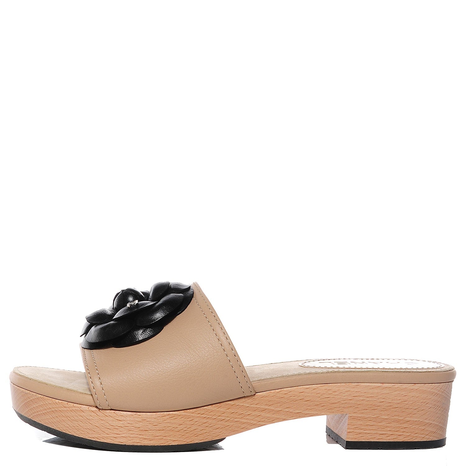 Chanel Leather Camellia Mules 38 Beige Black 1 of 8