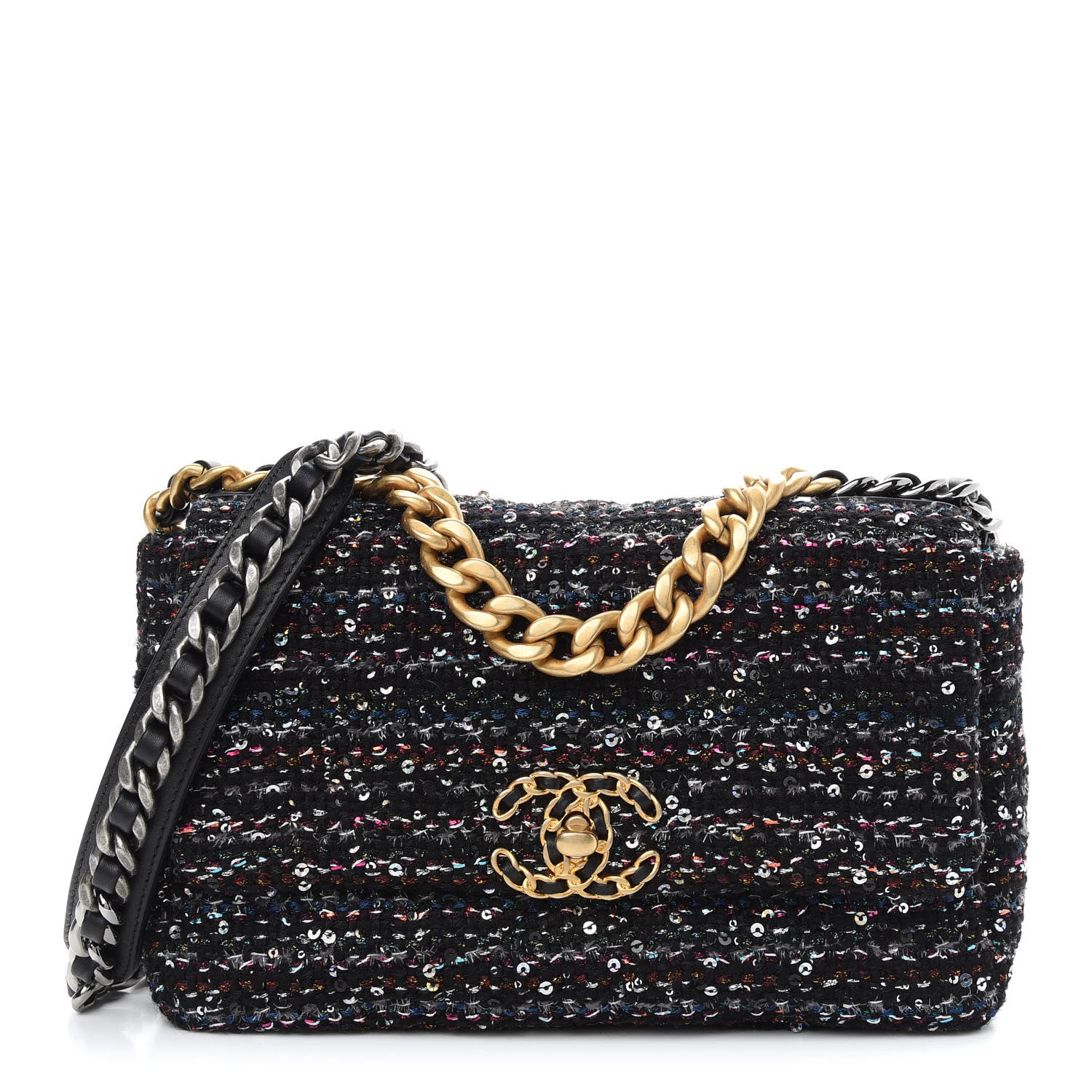 Chanel Tweed Sequin Quilted Medium Chanel 19 Flap Black Multicolor 1 of 9