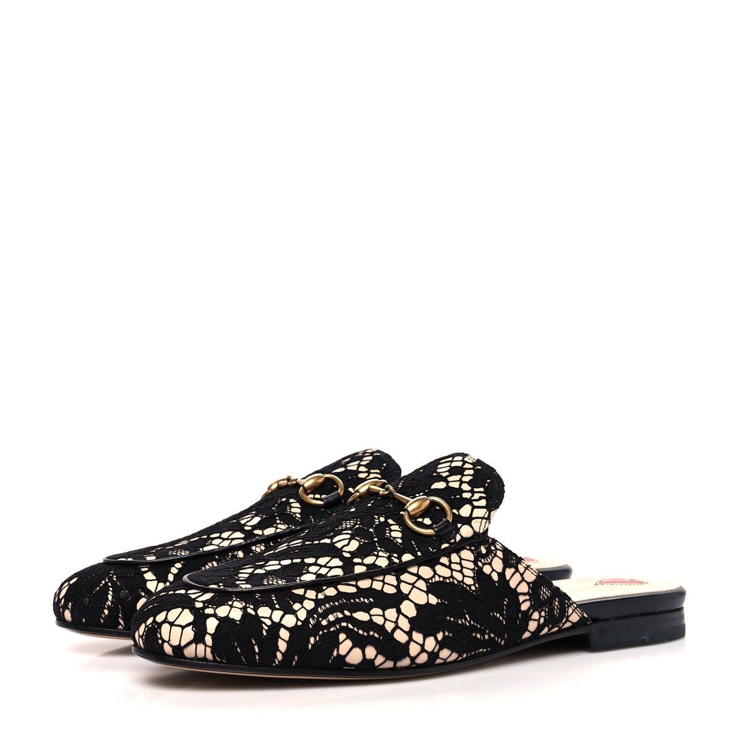 Gucci Lace Malaga Kid Womens Princetown Slippers 37 Black Skin Rose 3 of 9