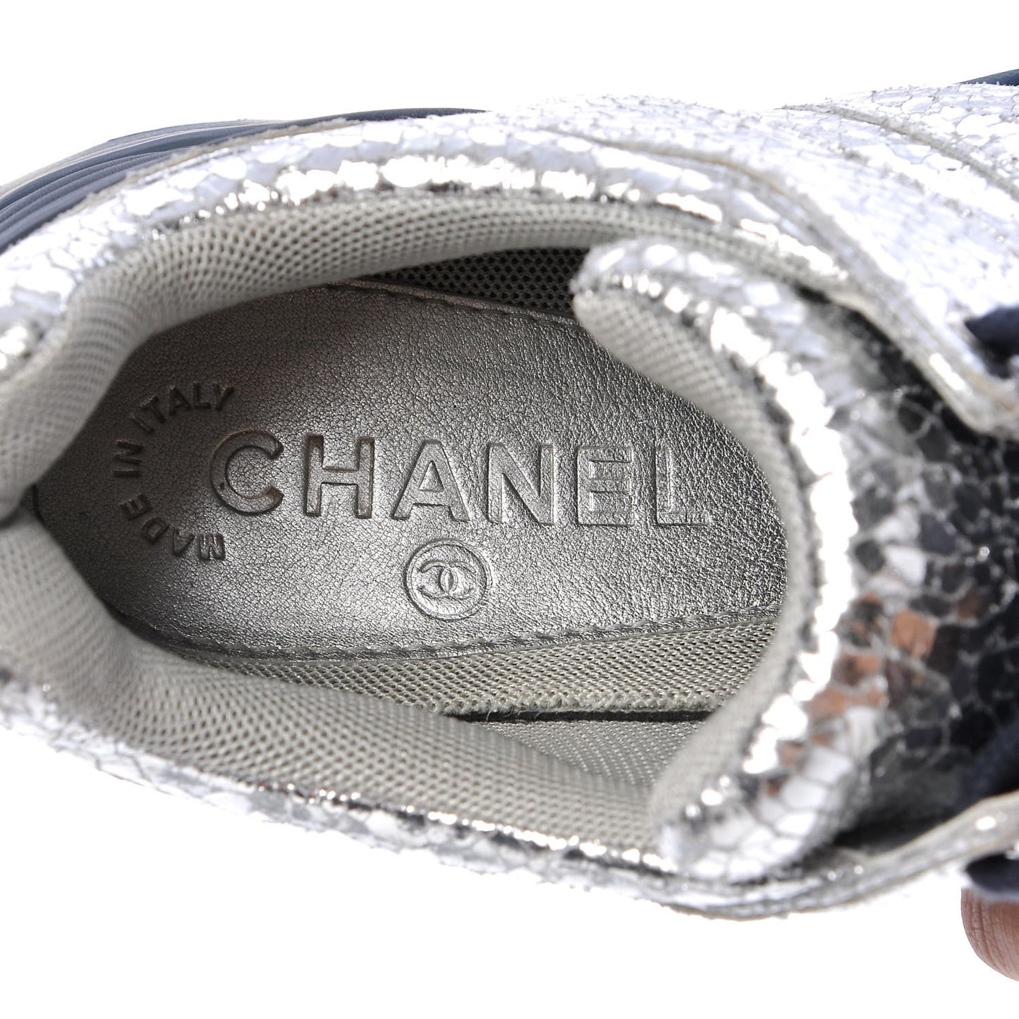 Metallic Crackled Calfskin CC Sneakers 37 Silver Black Navy