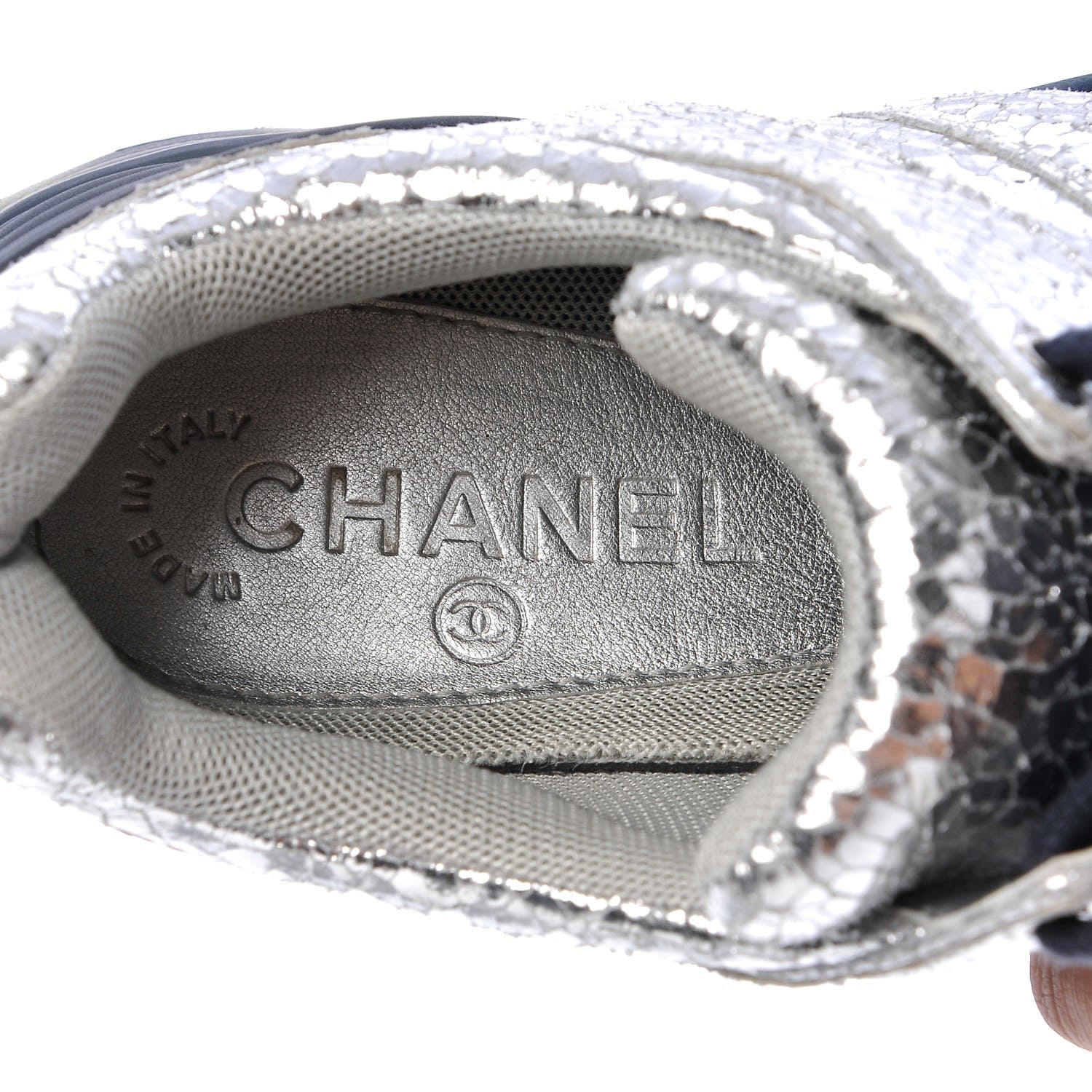 Chanel Metallic Crackled Calfskin CC Sneakers 37 Silver Black Navy 9 of 10