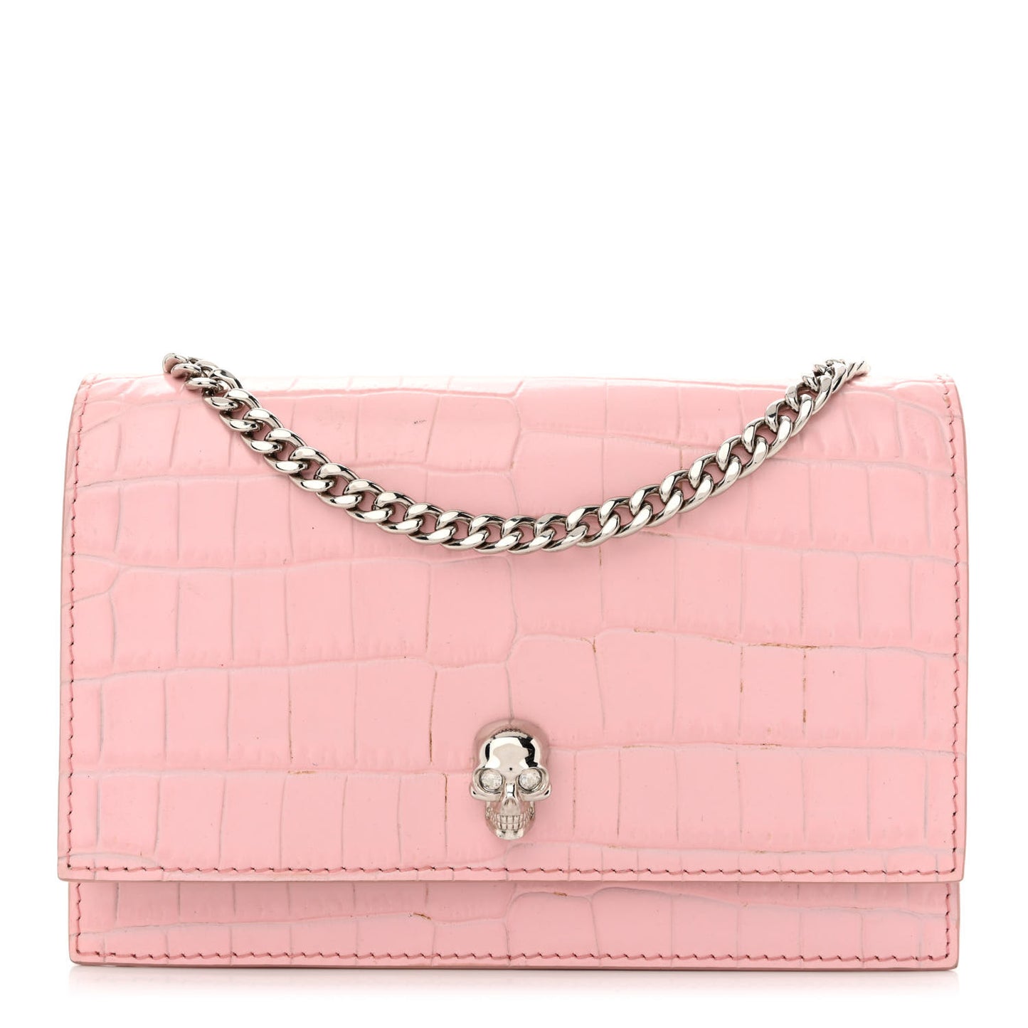Calfskin Crocodile Embossed Skull Mini Crossbody Bag Pink