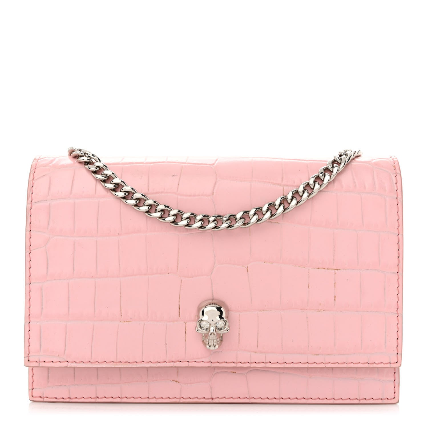Alexander McQueen Calfskin Crocodile Embossed Skull Mini Crossbody Bag Pink 1 of 13