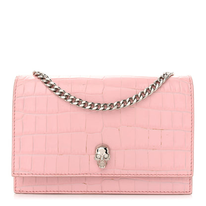 Alexander McQueen Calfskin Crocodile Embossed Skull Mini Crossbody Bag Pink 1 of 13