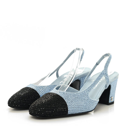 Chanel Strass Grosgrain Cap Toe CC Slingback Pumps 38 Blue Black 3 of 8