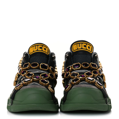 Gucci X SEGA Mesh Suede Calfskin Removable Crystals Mens Flashtrek Sneakers 8.5 Loess Black Olive Green 2 of 13