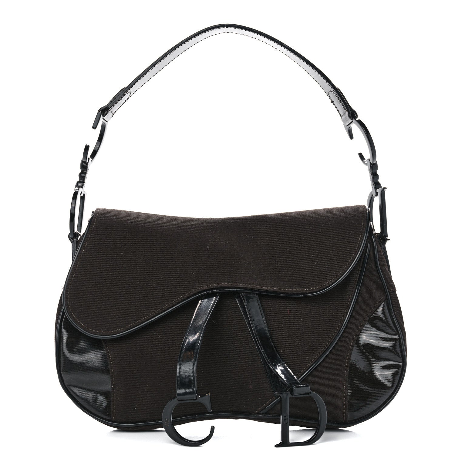Christian Dior Canvas Patent Double Saddle Bag Brown Black 1 of 14