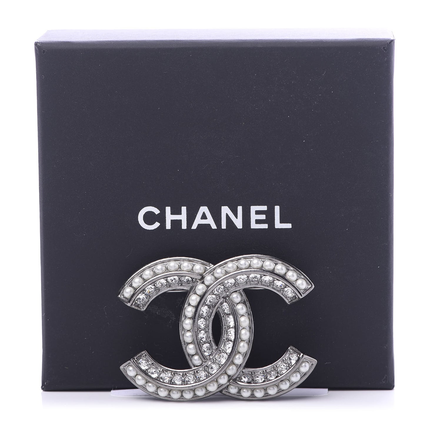 Crystal Pearl Chain Mania CC Brooch Silver