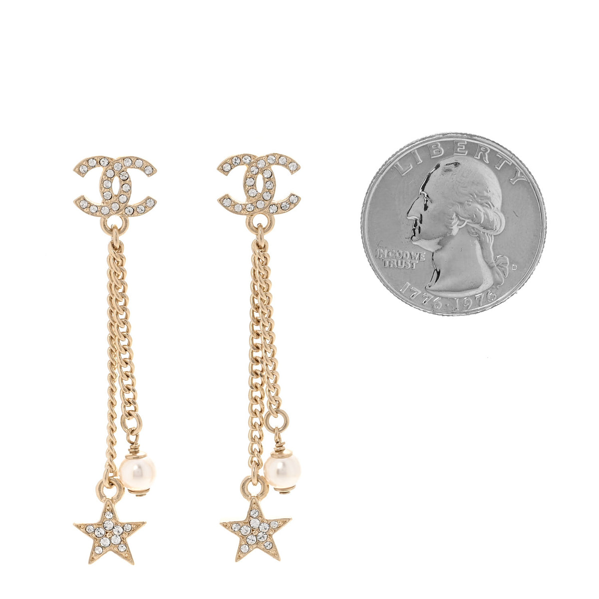 Chanel Crystal Pearl CC Star Drop Earrings Gold 2 of 5