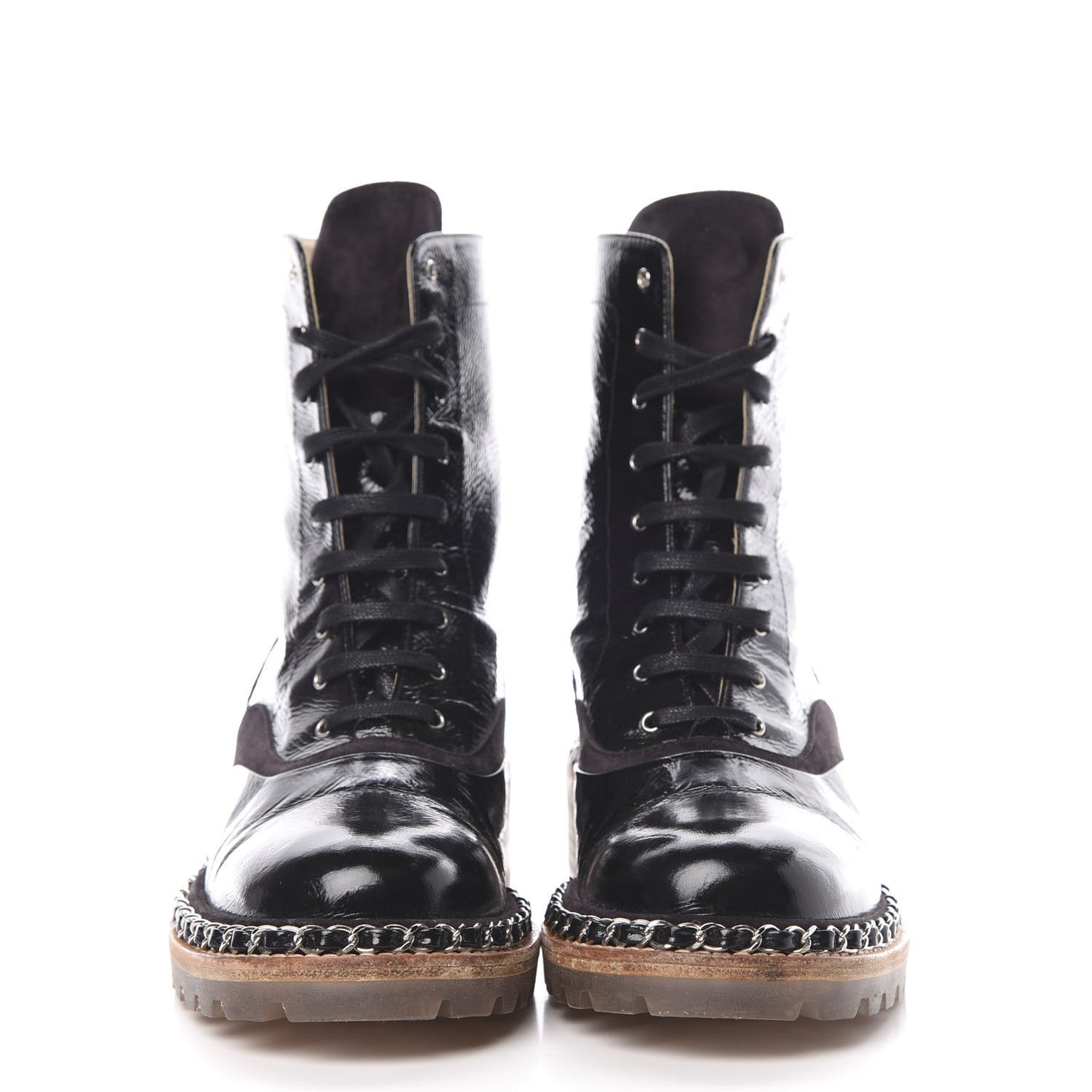 Patent Lace Up Chain Boots 37 Black