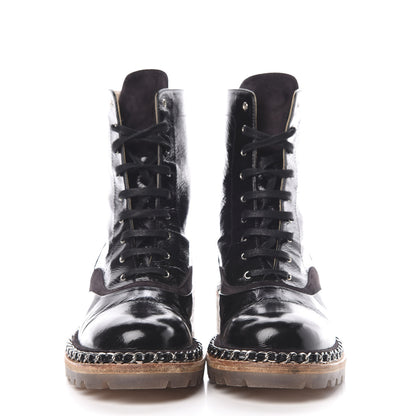 Chanel Patent Lace Up Chain Boots 37 Black 2 of 8
