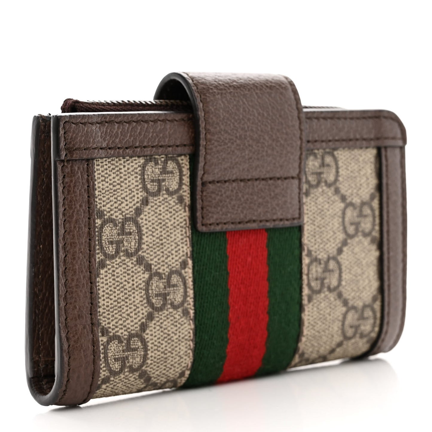 GG Supreme Monogram Textured Dollar Calfskin Web Ophidia Overlay Zip Around Card Case Wallet Beige Ebony New Acero
