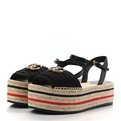 Gucci Cotton Malaga Kid Crochet Pearly GG Lilibeth Espadrille Platform Sandals 39.5 Black 2 of 8