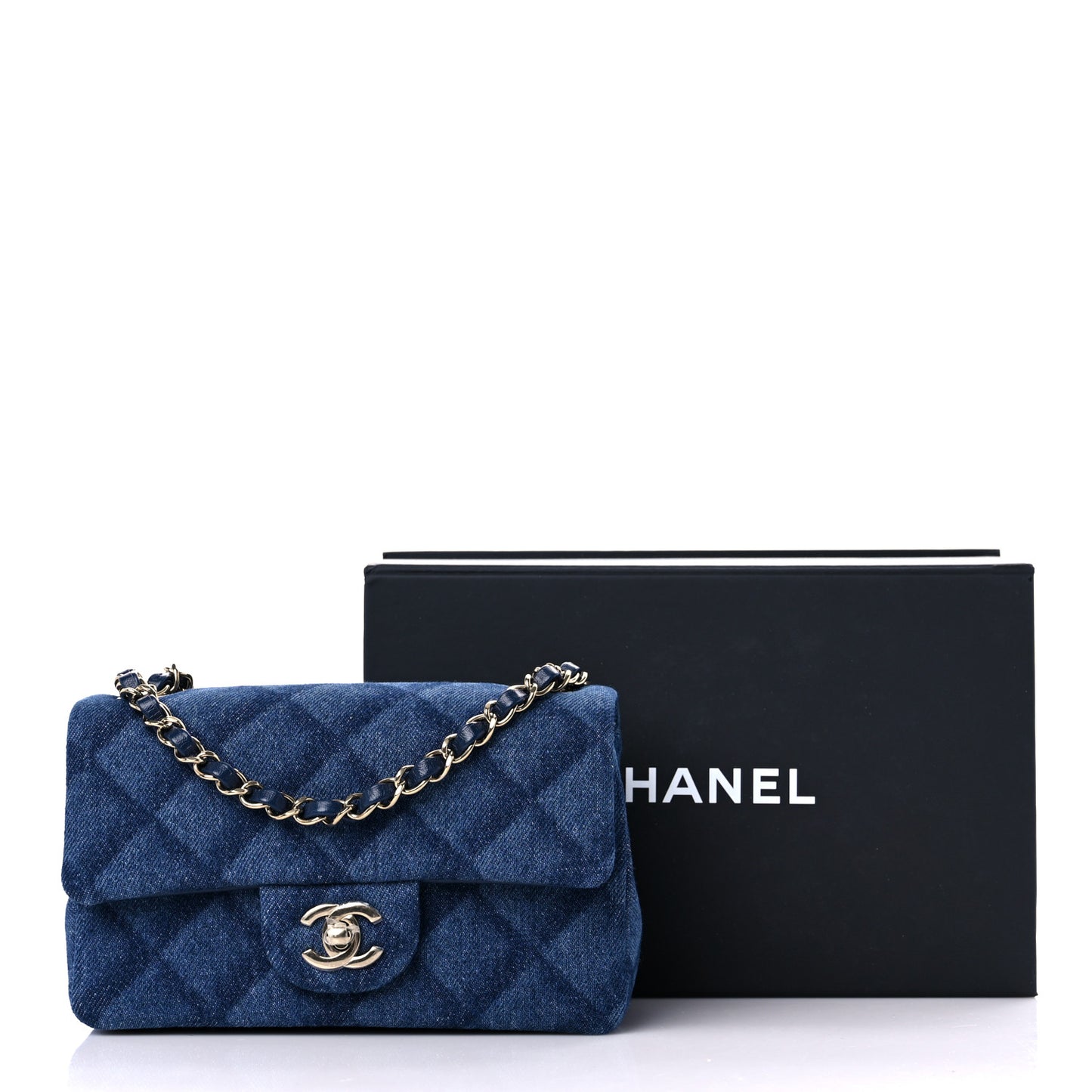 Printed Denim Quilted Mini Rectangular Flap Dark Blue