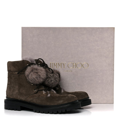 Jimmy Choo Suede Rabbit Fur Pom Pom Elba Flat Boots 37.5 Mink 10 of 10
