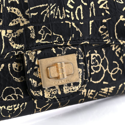Chanel Calfskin Crocodile Embossed Graffiti 2.55 Cocodile Reissue Flap Card Holder Black Gold 8 of 12