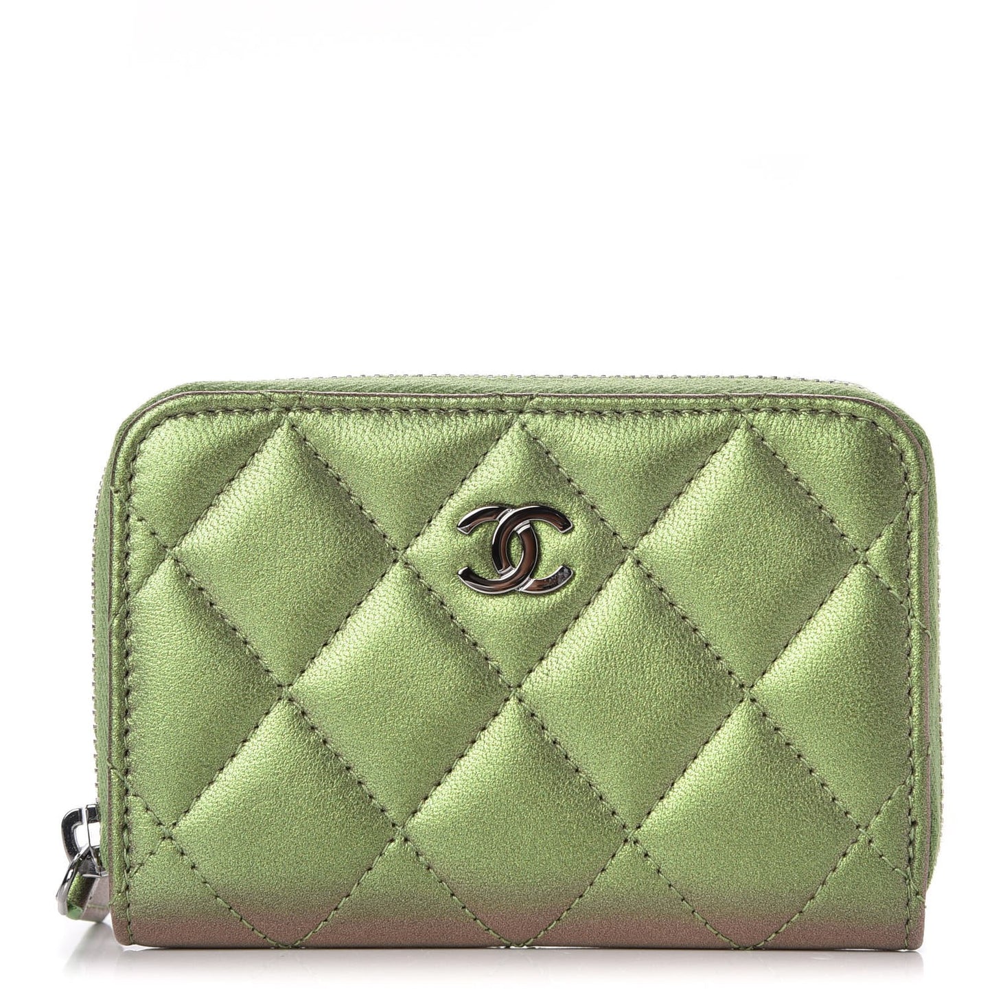 Metallic Lambskin Quilted Zip Around Coin Purse Wallet Green
