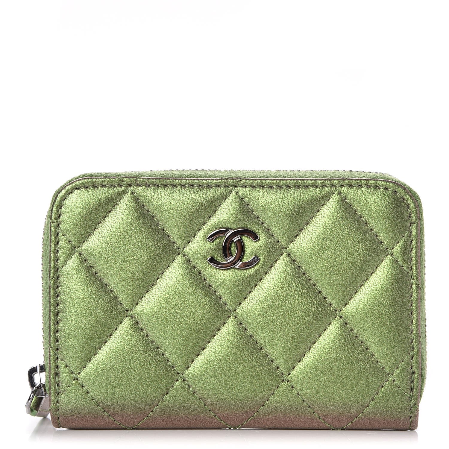 Chanel Metallic Lambskin Quilted Zip Around Coin Purse Wallet Green 1 of 8