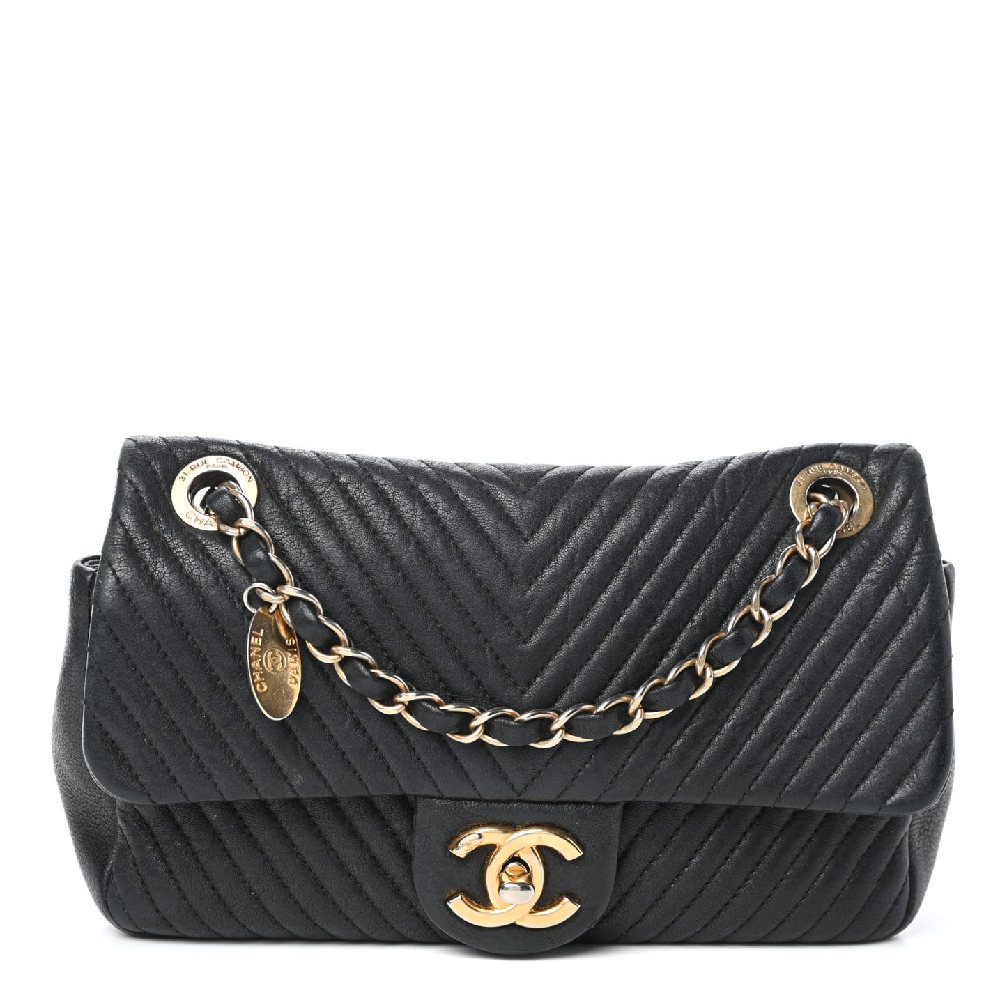 Calfskin Surpique Chevron Small Flap Black