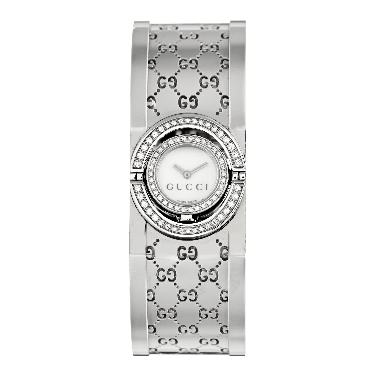 Gucci Stainless Steel Diamond Pave Bezel Mother of Pearl 23mm Twirl Quartz Watch 1 of 4