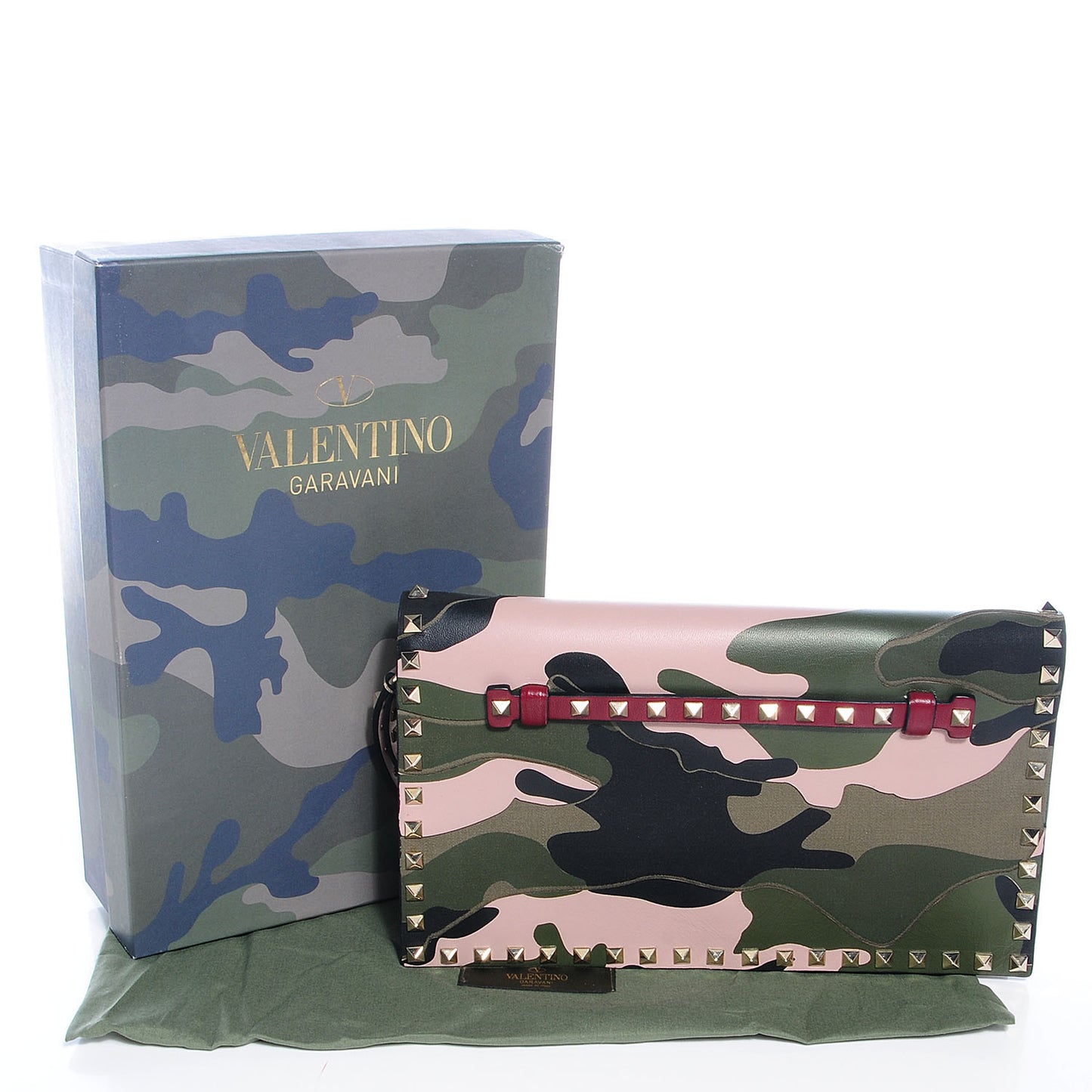 Nappa Canvas Camouflage Rockstud Wristlet Clutch Multicolor