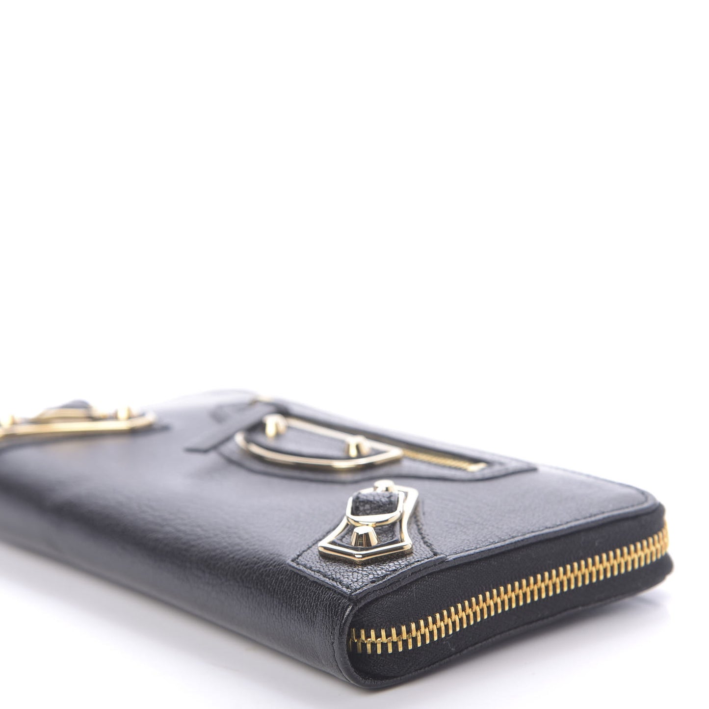 Chevre Gold Metallic Edge Hardware Zip Around Wallet Black