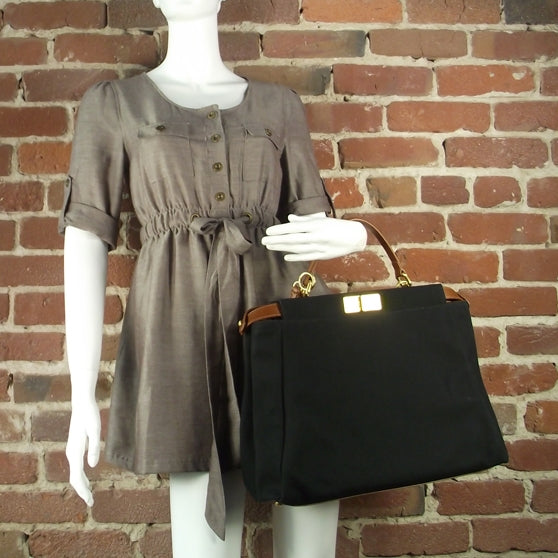 Canvas Calfskin Large Peekaboo Iconic Satchel Black