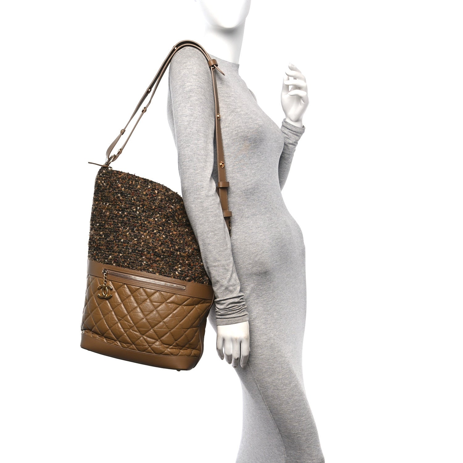 Chanel Tweed Aged Calfskin Quilted Casual Style Hobo Beige 2 of 10