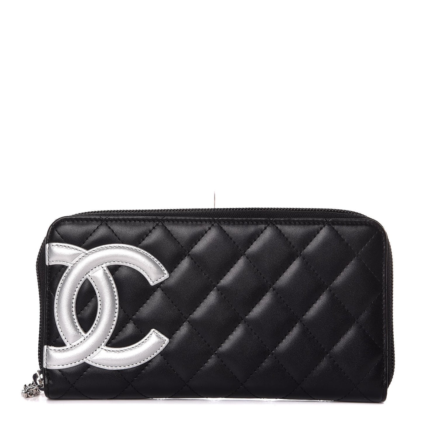 Calfskin Quilted Cambon Large Gusset Zip Around Wallet Black Silver