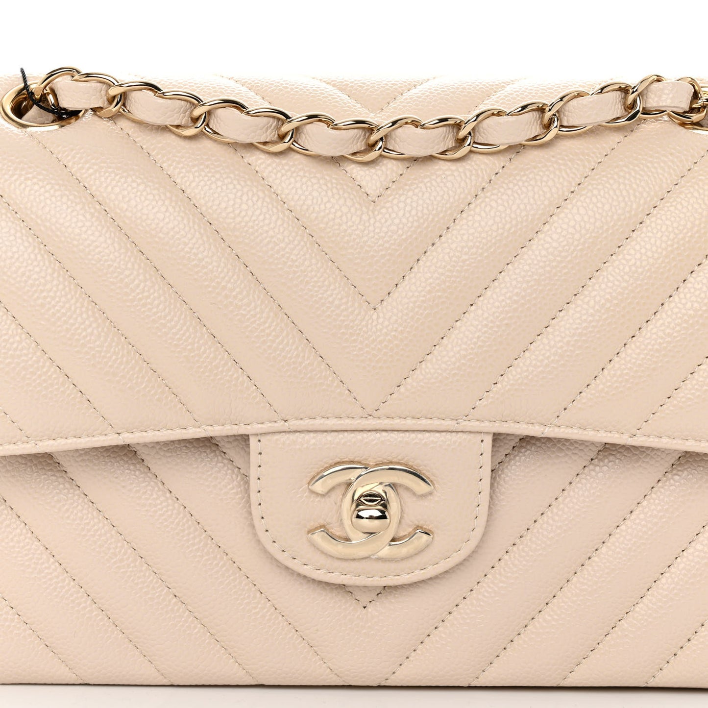 Caviar Chevron Quilted Small Double Flap Beige