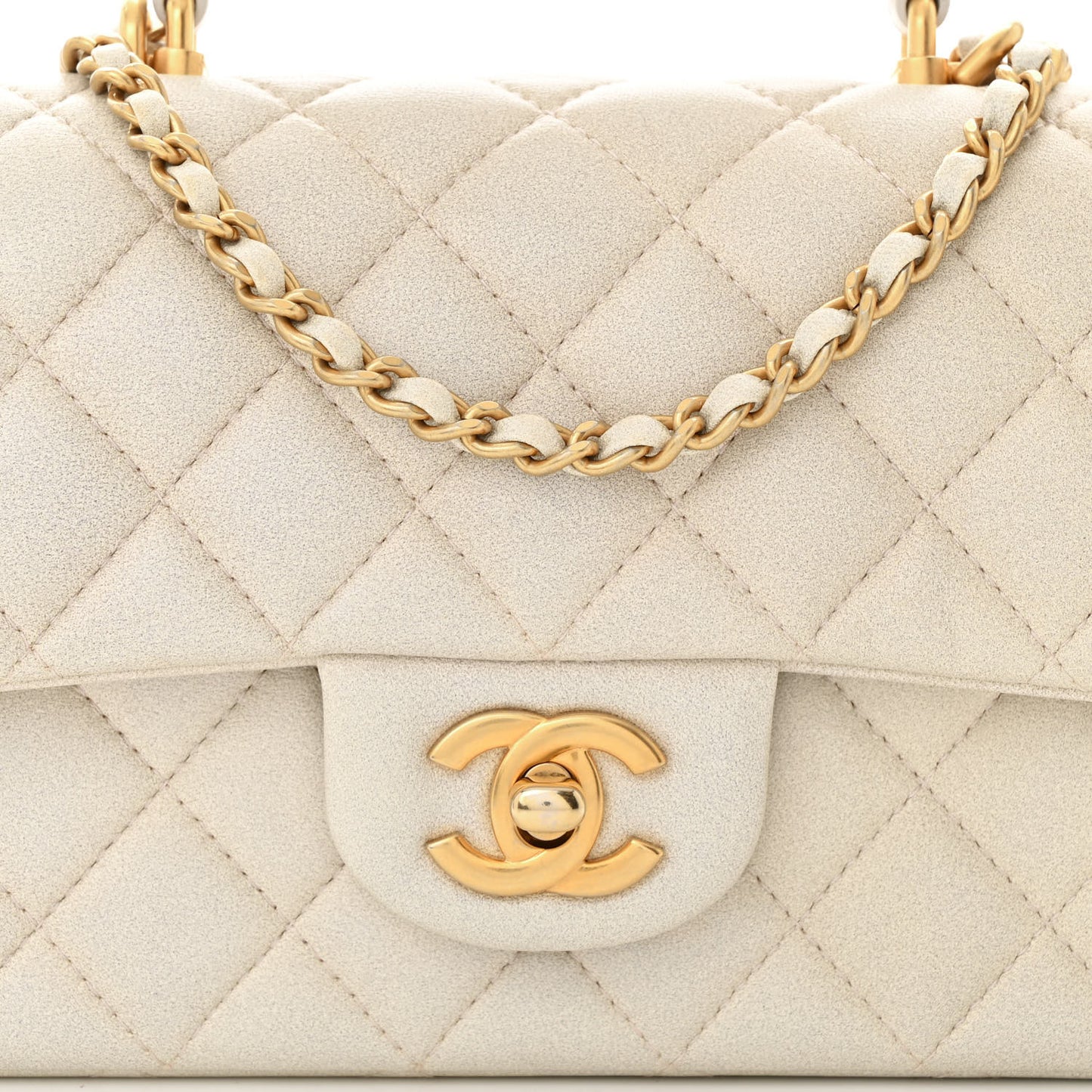 Iridescent Lambskin Quilted Mini Top Handle Rectangular Flap White