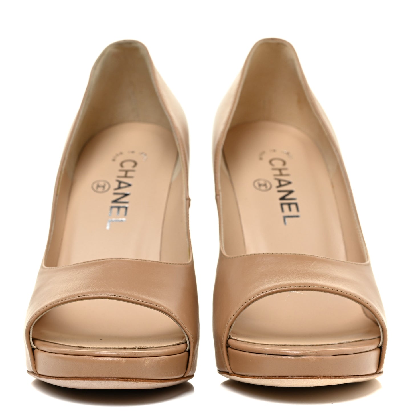 Lambskin Cork Chain CC Peep Toe Pumps 37 37.5 Beige
