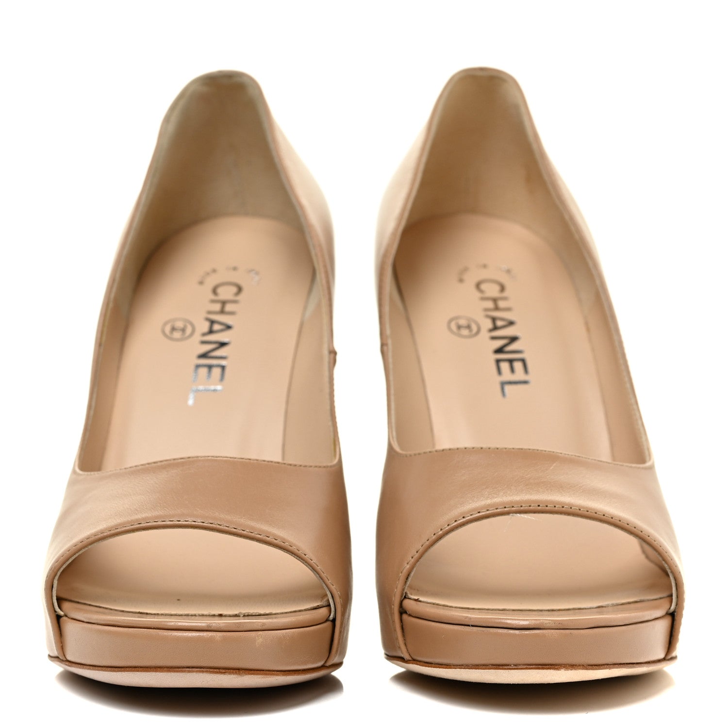 Chanel Lambskin Cork Chain CC Peep Toe Pumps 37 37.5 Beige 2 of 15