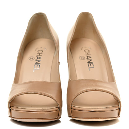 Chanel Lambskin Cork Chain CC Peep Toe Pumps 37 37.5 Beige 2 of 15