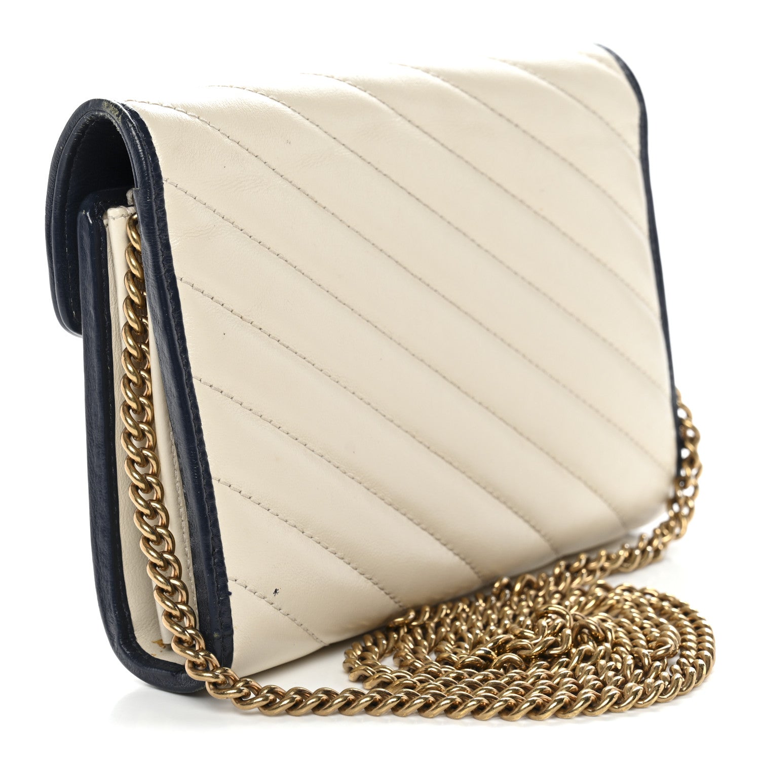 Gucci Vintage Effect Calfskin Matelasse Diagonal Torchon GG Marmont Chain Wallet Mystic White Blue Agata 3 of 16