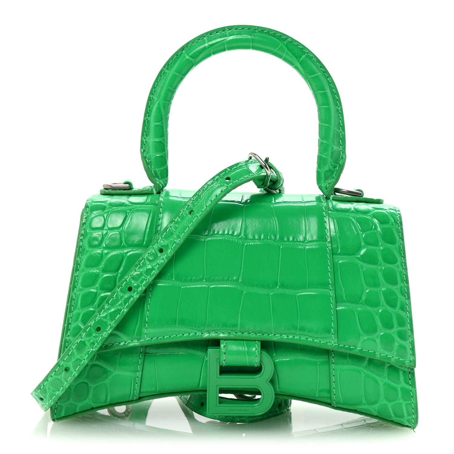 Balenciaga Shiny Calfskin Tonal B Crocodile Embossed Hourglass Top Handle Bag XS Vivid Green 1 of 10