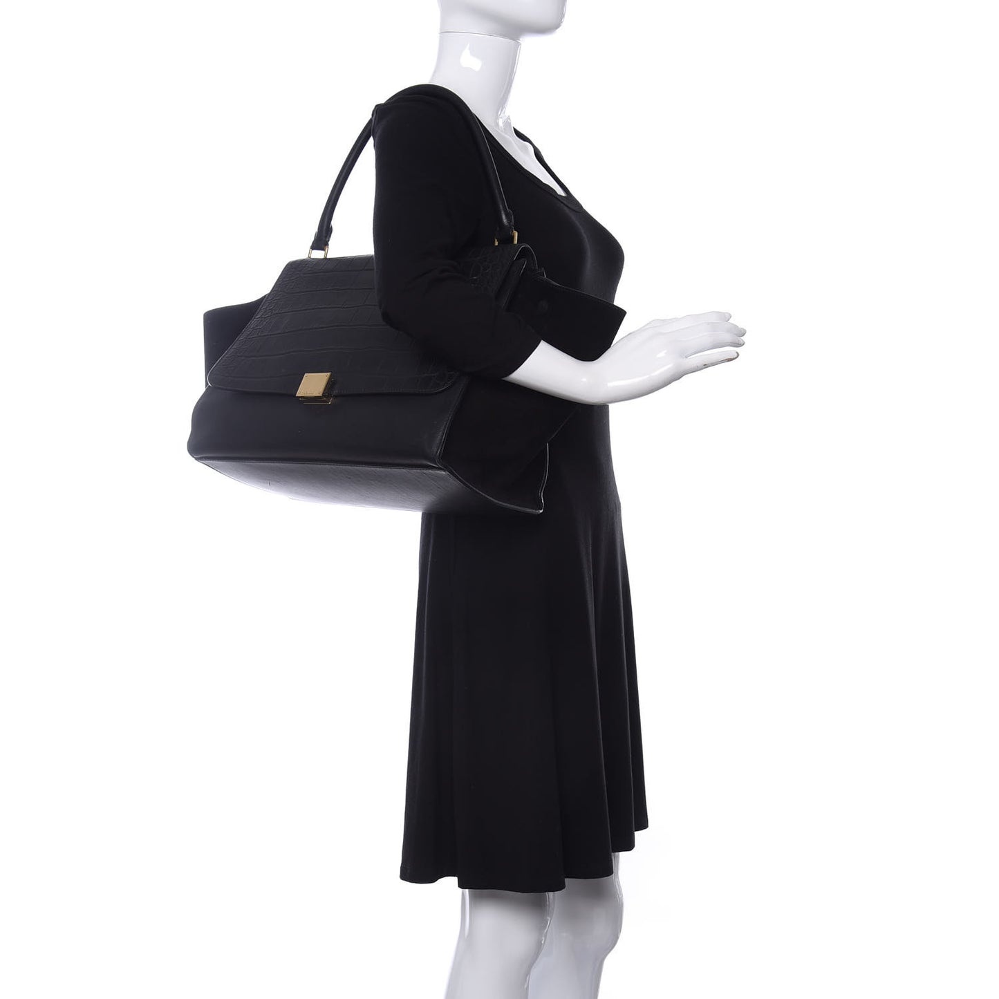 Calfskin Crocodile Embossed Suede Large Trapeze Black