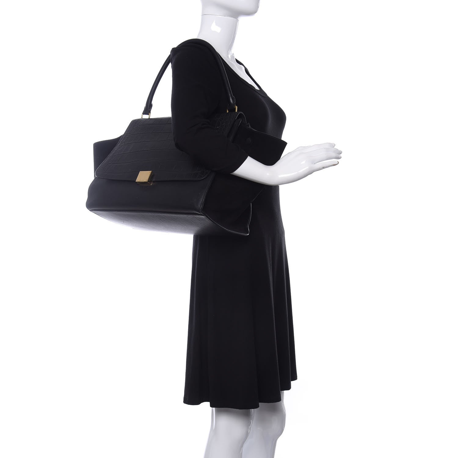 Celine Calfskin Crocodile Embossed Suede Large Trapeze Black 2 of 13
