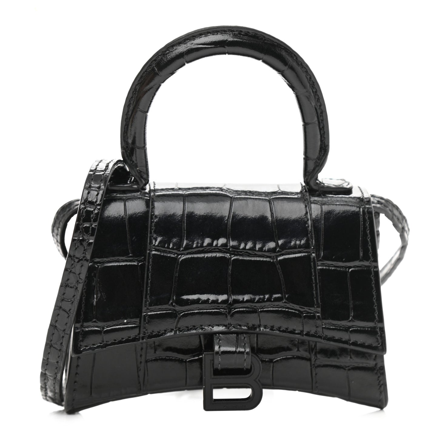 Shiny Calfskin Monochrome Crocodile Embossed Hourglass Top Handle Bag Mini Black