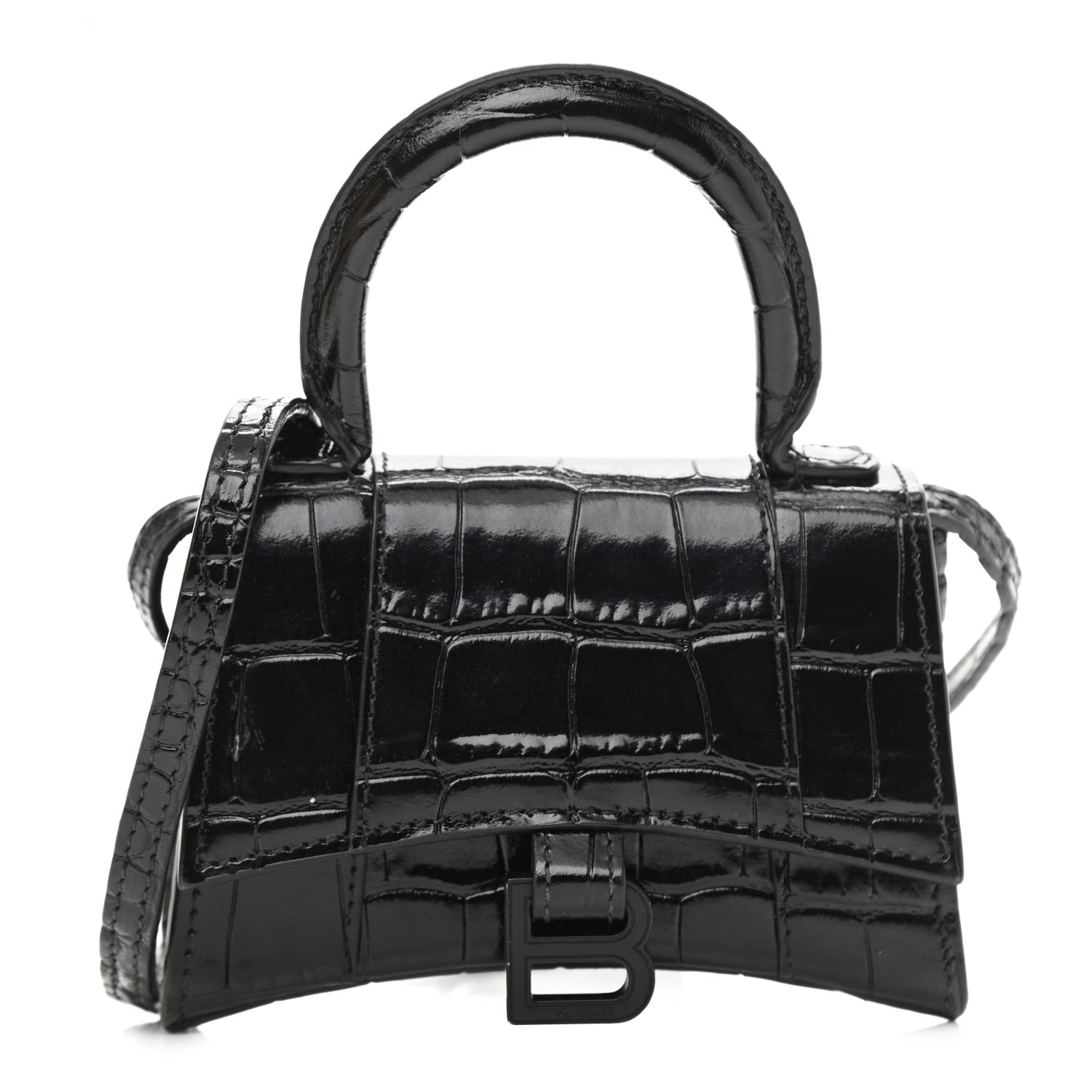 Balenciaga Shiny Calfskin Monochrome Crocodile Embossed Hourglass Top Handle Bag Mini Black 1 of 13