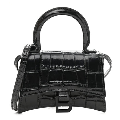 Balenciaga Shiny Calfskin Monochrome Crocodile Embossed Hourglass Top Handle Bag Mini Black 1 of 13
