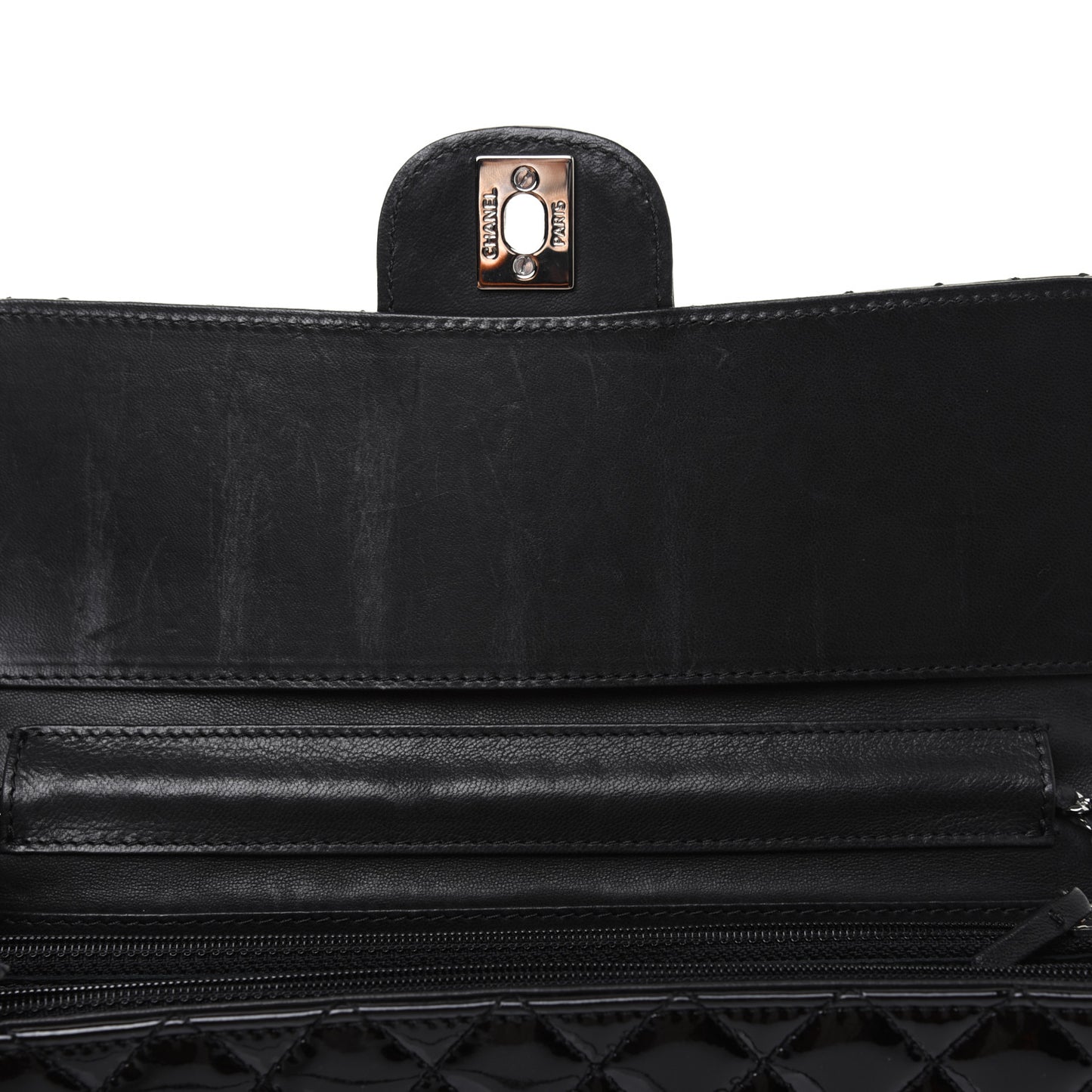 Patent Calfskin Quilted Flap Clutch With Chain Black