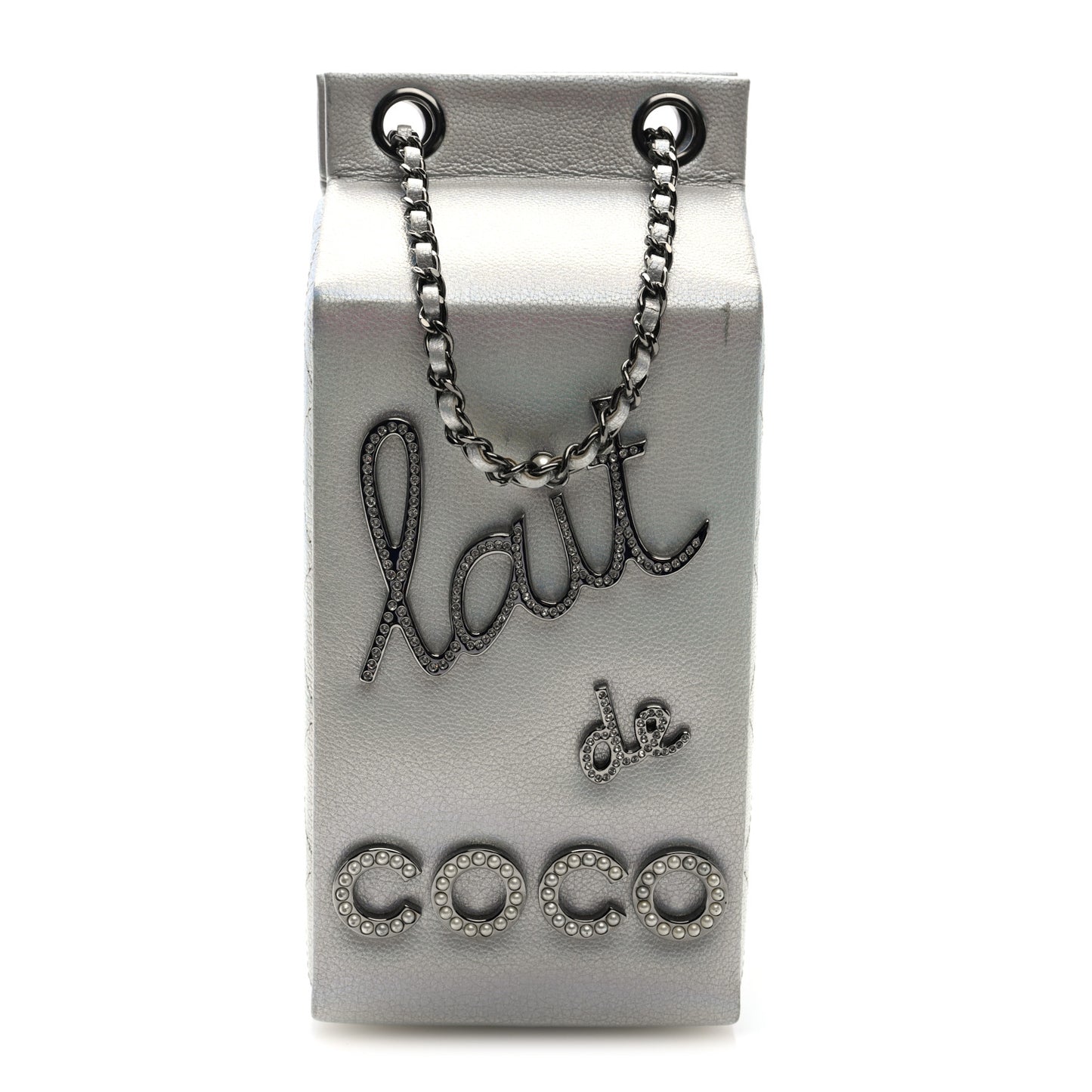 Metallic Goatskin Lait de Coco Milk Carton Bag Silver