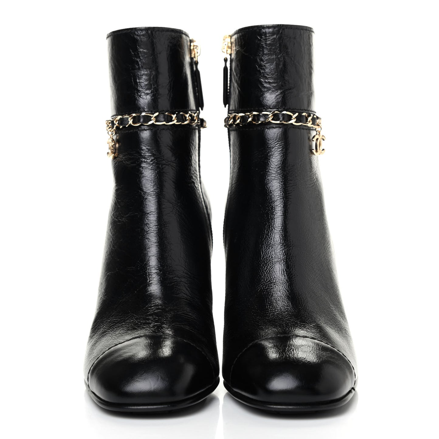 Crumpled Calfskin Cap Toe Chain Short Boots 36.5 Black