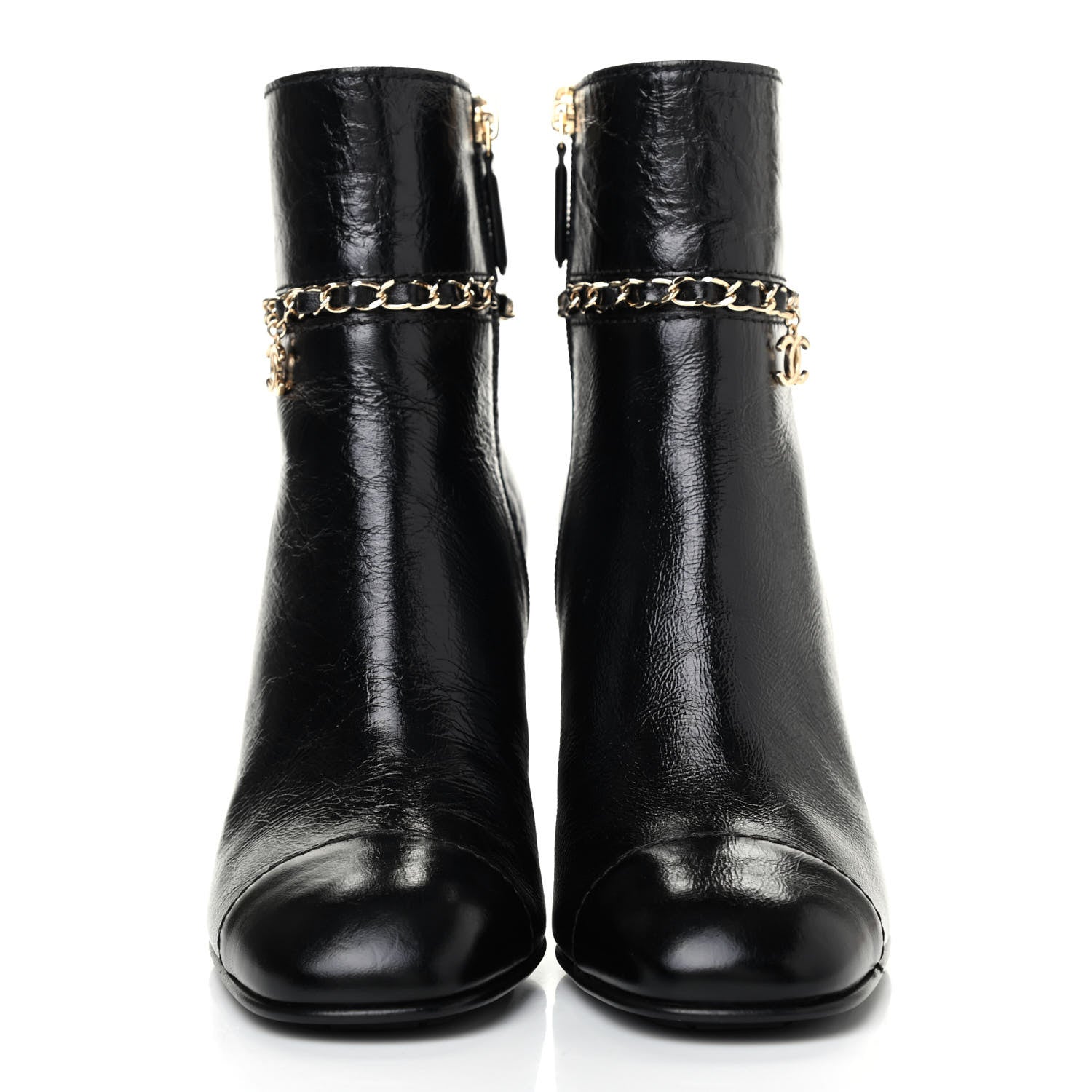 Chanel Crumpled Calfskin Cap Toe Chain Short Boots 36.5 Black 2 of 12